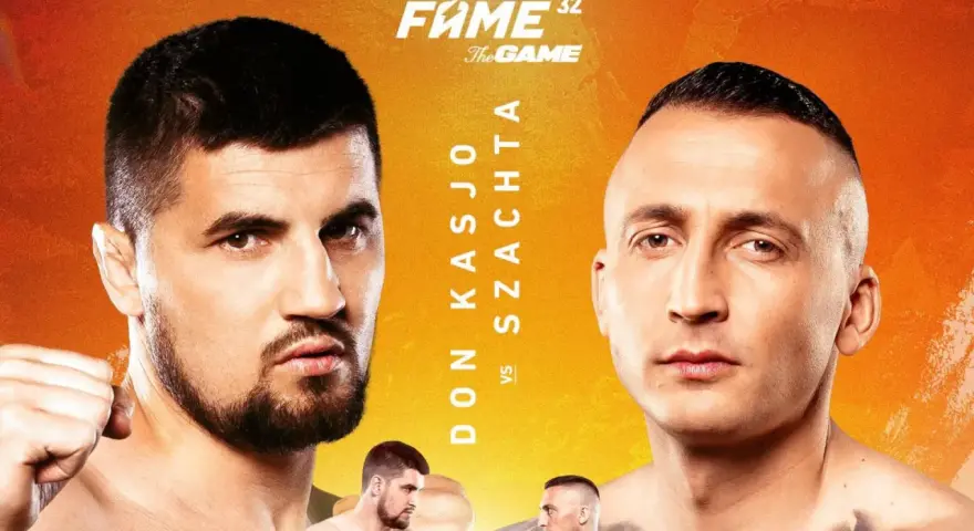 Karta walk Fame MMA 32: Don Kasjo vs Szachta. Dwóch zawodników w zbliżeniu, gotowych do walki.