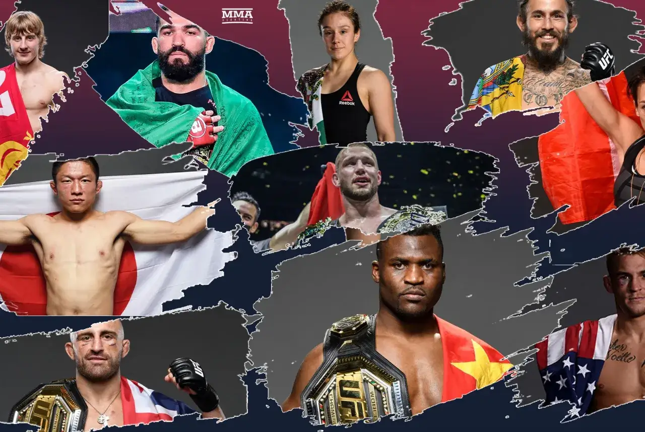 Kolekcja najlepszych zawodników MMA w historii, z mistrzowskimi pasami i flagami narodowymi.