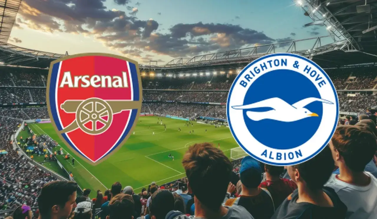 Emblematy Arsenal i Brighton & Hove Albion na tle stadionu pełnego kibiców. Zapowiada się emocjonujący mecz!