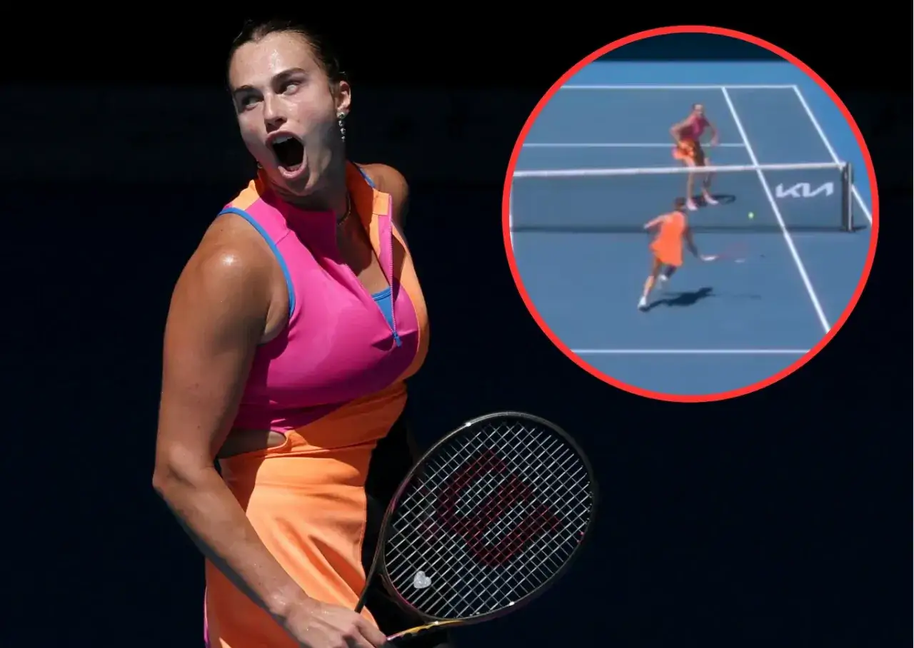 Emocjonalna tenisistka podczas Australian Open 2024. W kółku widać fragment meczu na korcie.