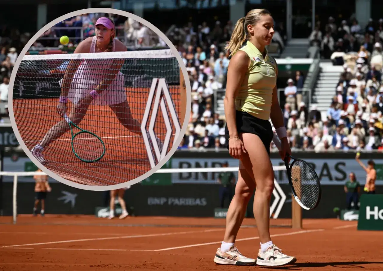 Tenisistka na korcie ziemnym podczas finału Roland Garros, skupiona na grze.