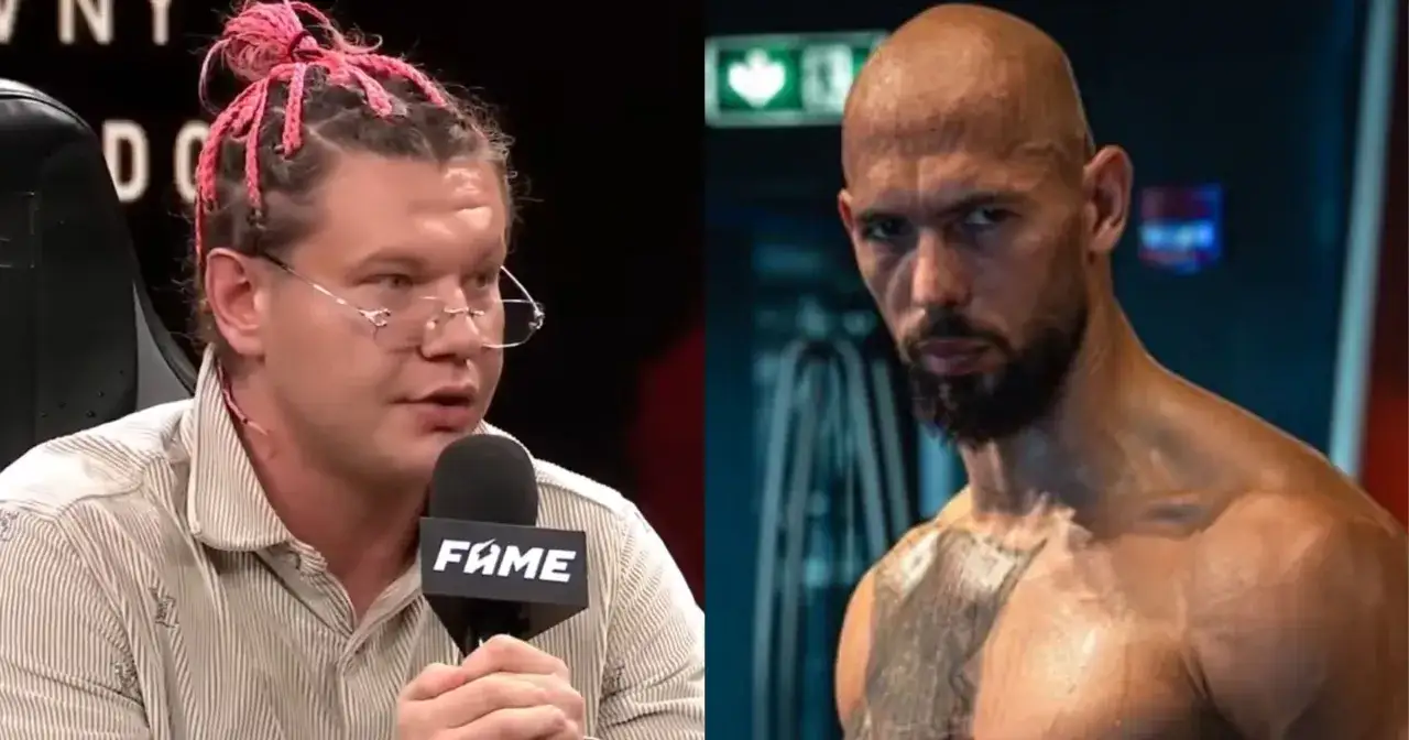 Natan Marcon z różowymi dredami i Andrew Tate na dwóch panelach.
