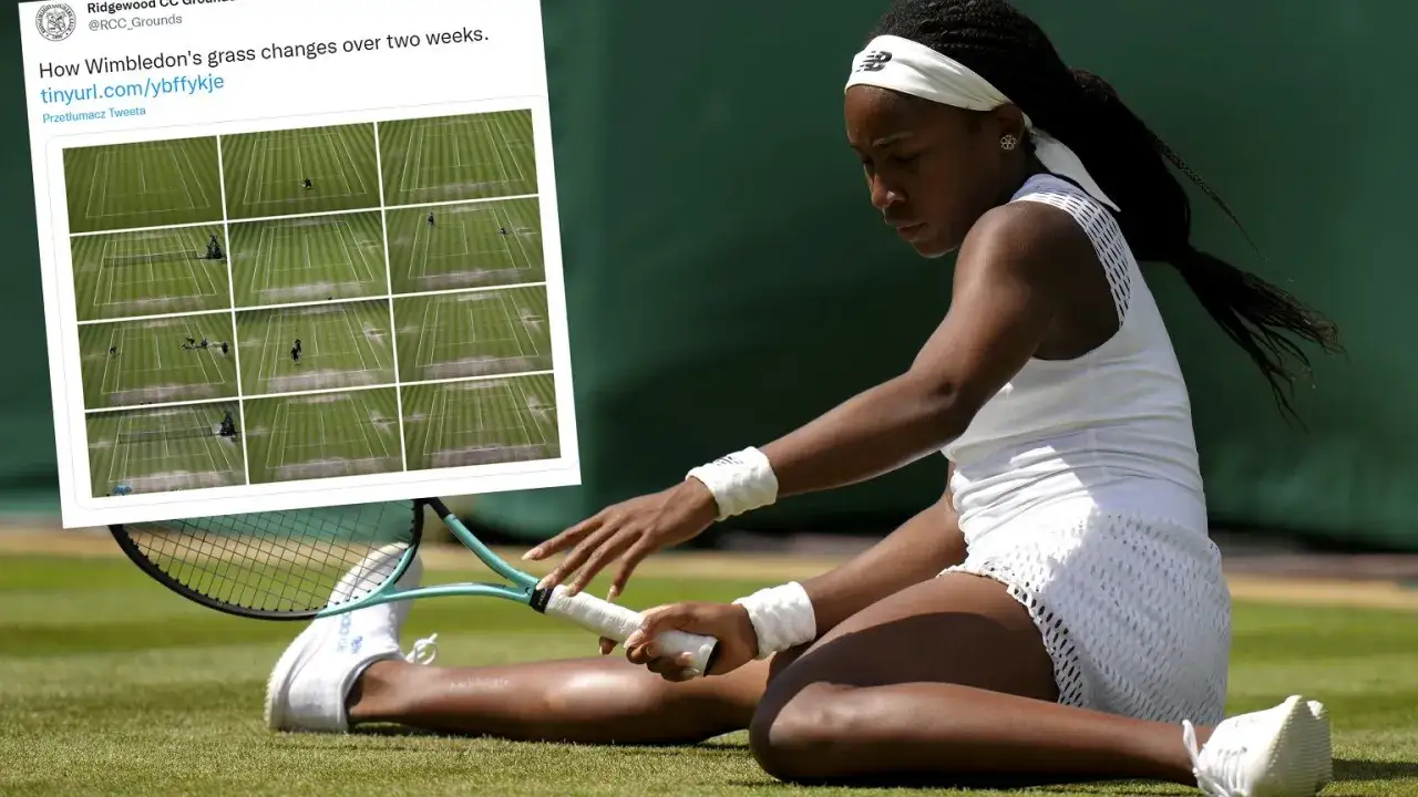 Tenisistka Coco Gauff na trawie, obok tweet o zmianach murawy Wimbledonu. #wta #berlin