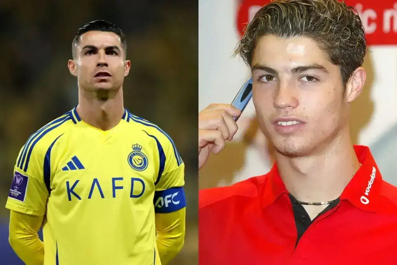 Cristiano Ronaldo w żółtej koszulce Al Nassr i jako młody chłopak. Ile Ronaldo ma lat? W 2023 roku skończył 38 lat.