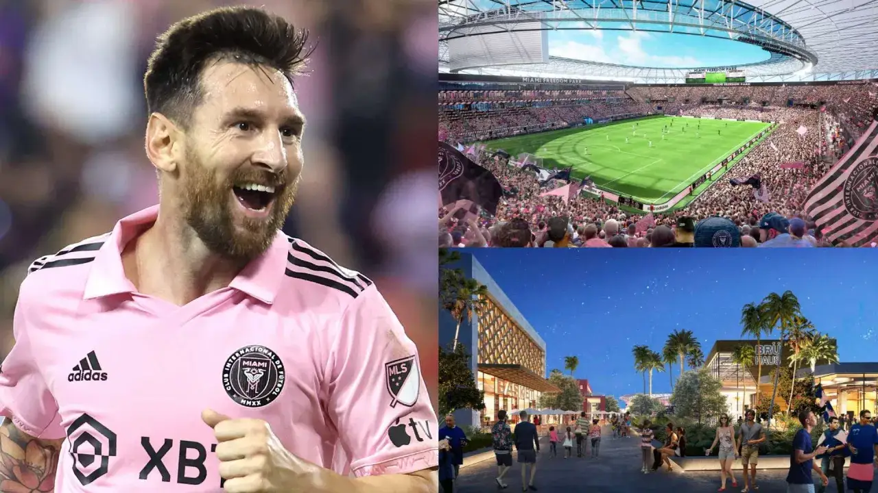 Leo Messi w różowej koszulce Interu Miami, stadion i wizualizacja kompleksu rozrywkowego. Tu właśnie gra Messi!