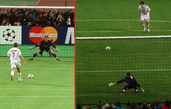 Karny strzał w finale Ligi Mistrzów Milan Liverpool 2005. Bramkarz broni, piłka leci w stronę siatki.