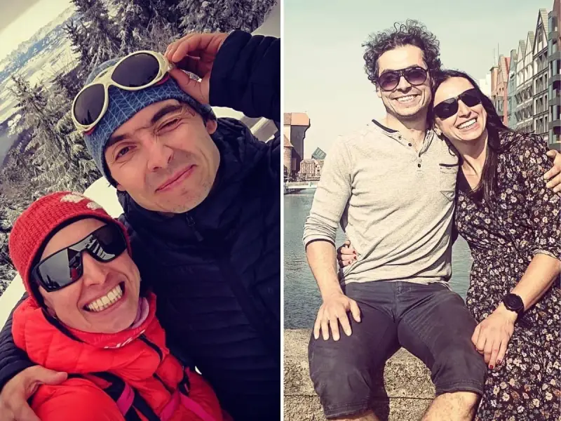 Justyna Kowalczyk i jej mąż, szczęśliwi w górach i nad wodą.